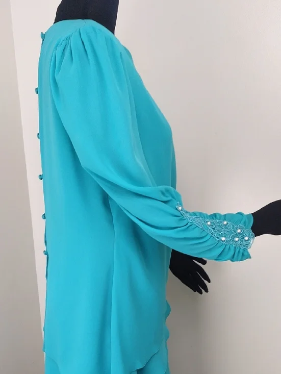 Regina Bianca Vintage 80s Teal Formal Gown Pearl Beaded Cuffs Size 14 - Picture 7 of 12